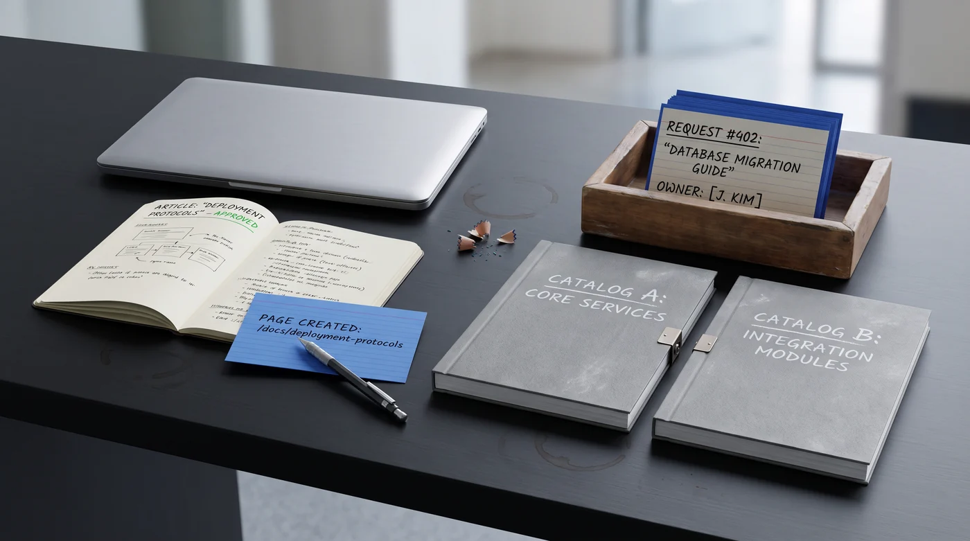 Reference binders, a work-request tray and a laptop on a dark desk.
