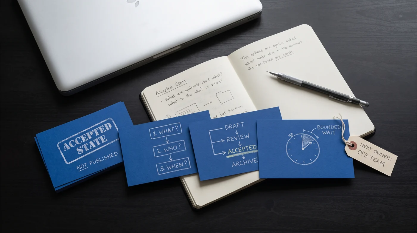 Blue publishing-status cards beside a notebook and timer.