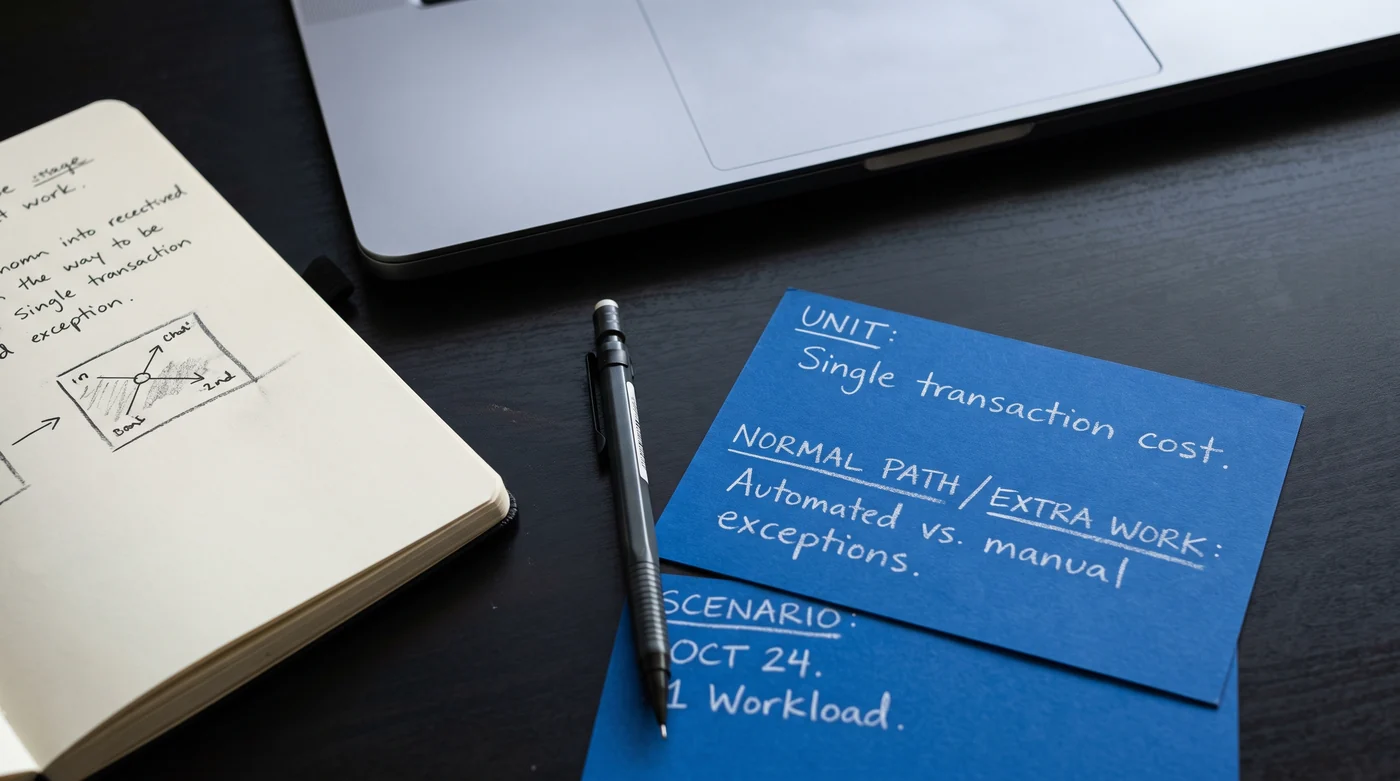 A blue transaction-cost card beside a notebook and laptop.