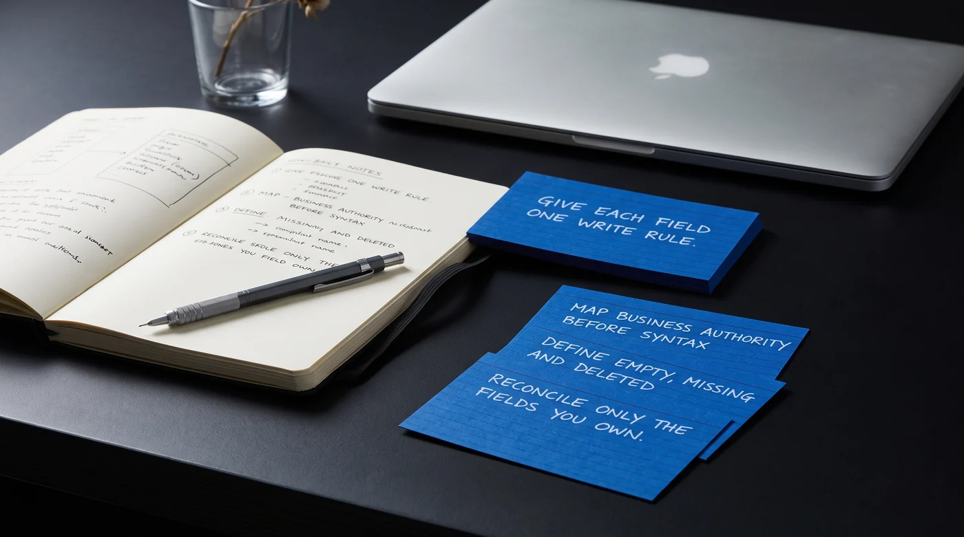 A field-ownership notebook beside blue write-rule cards.