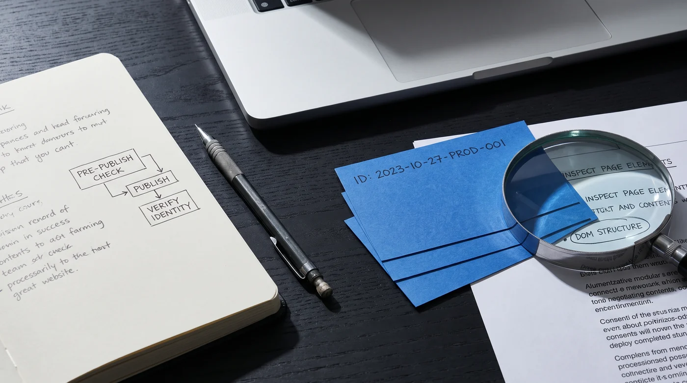 A publishing checklist beside blue cards and a magnifying glass.