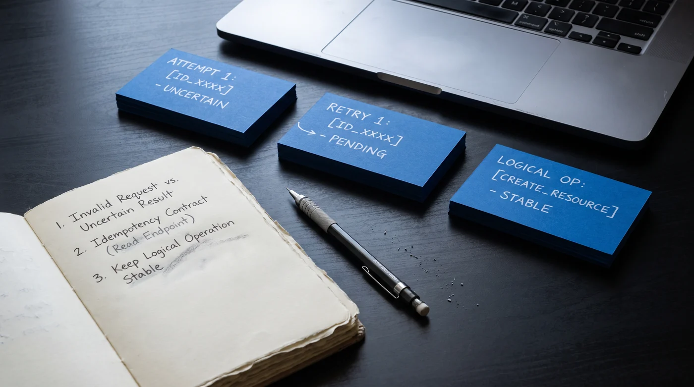 Blue retry-state cards beside a laptop and process notebook.