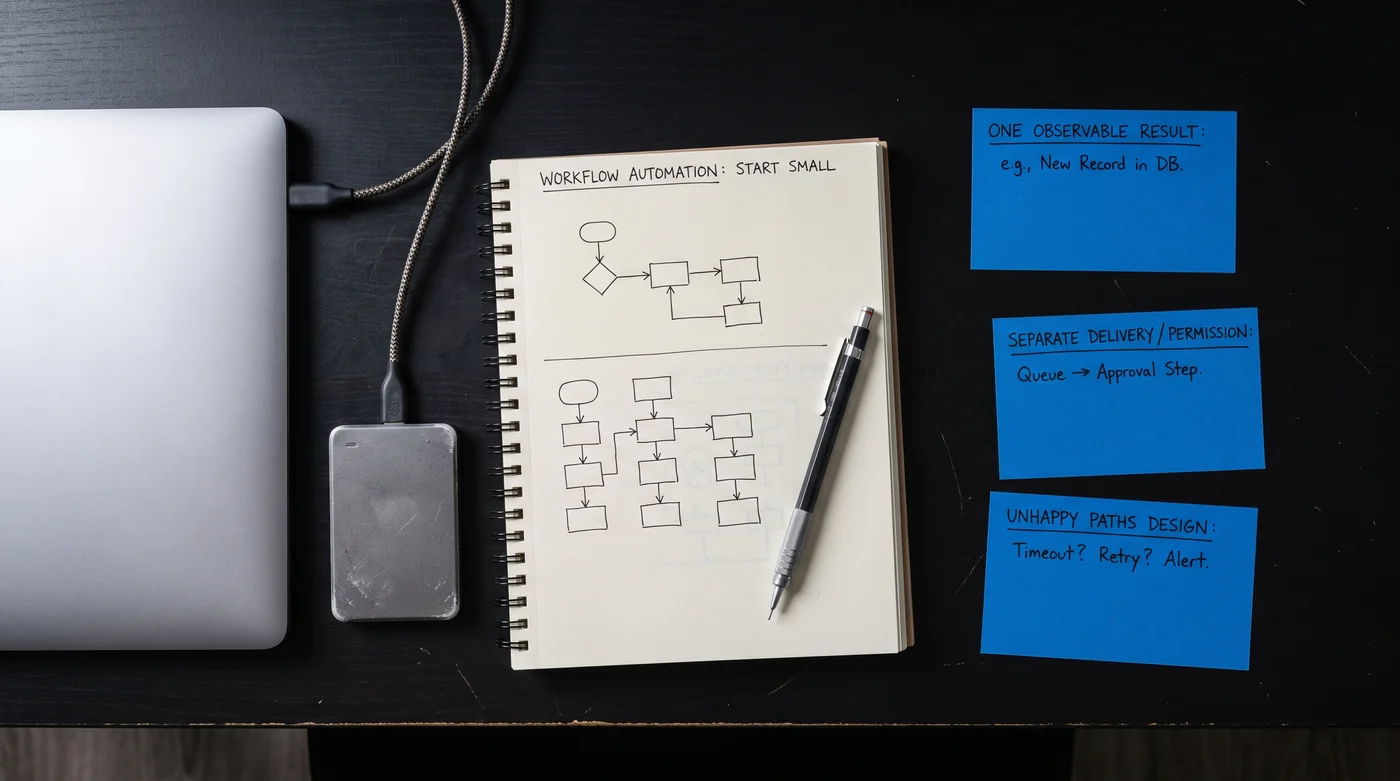 A process-flow notebook beside blue decision cards.