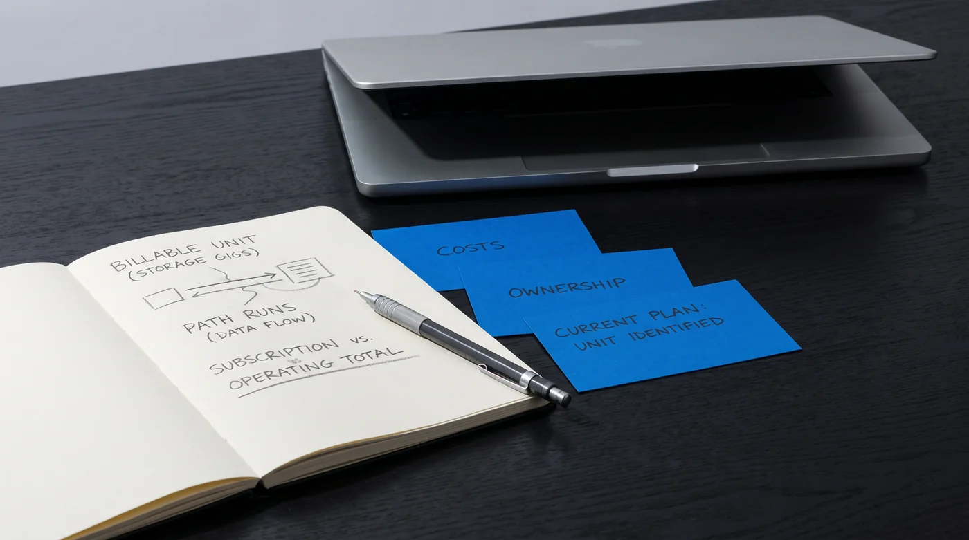 Costs and ownership A laptop and cost notebook beside blue billing cards.