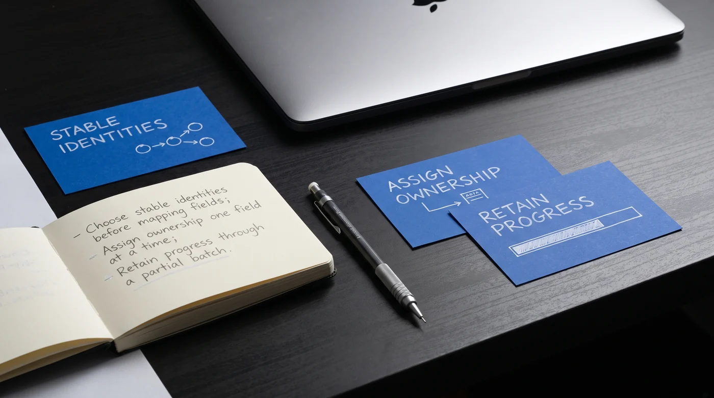 Data and integrations A notebook beside blue data-ownership and progress cards.