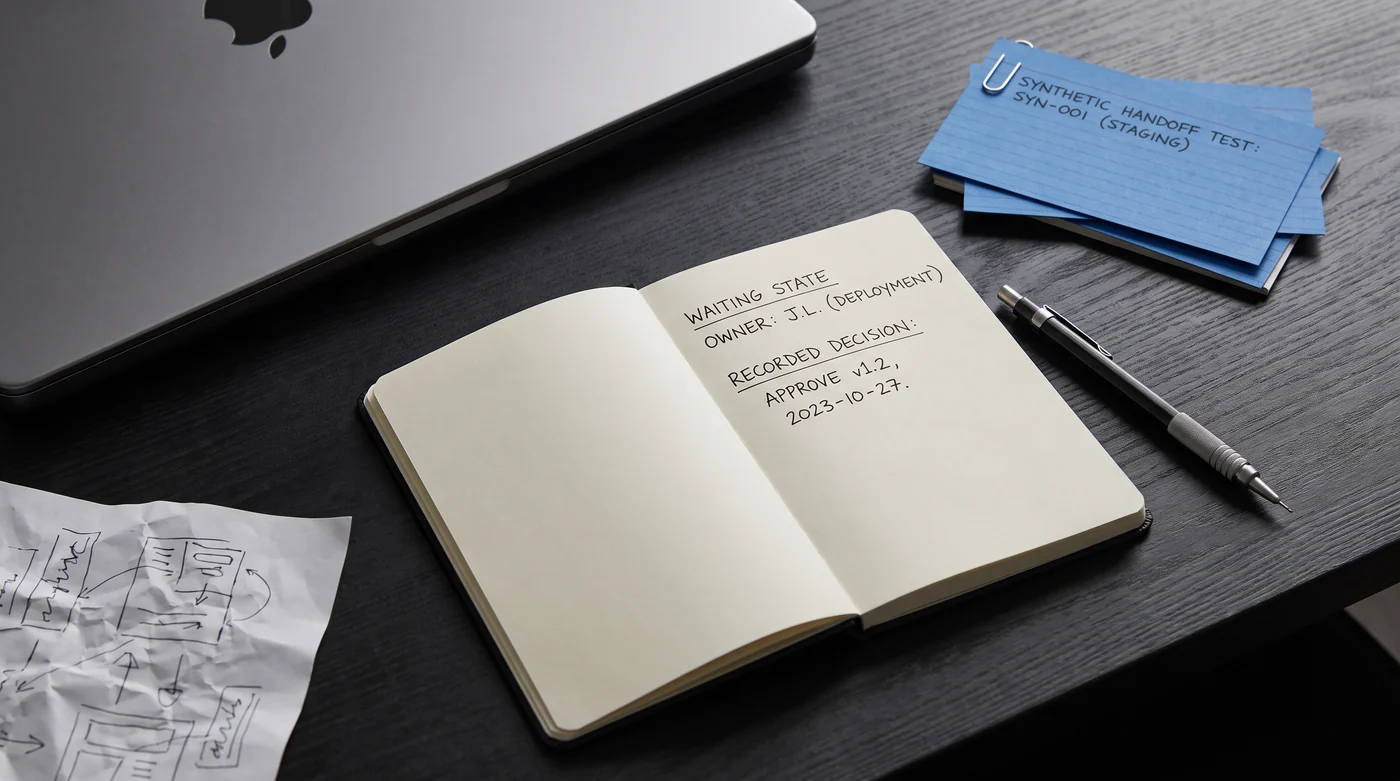 A notebook and blue task-ownership cards on a dark desk.