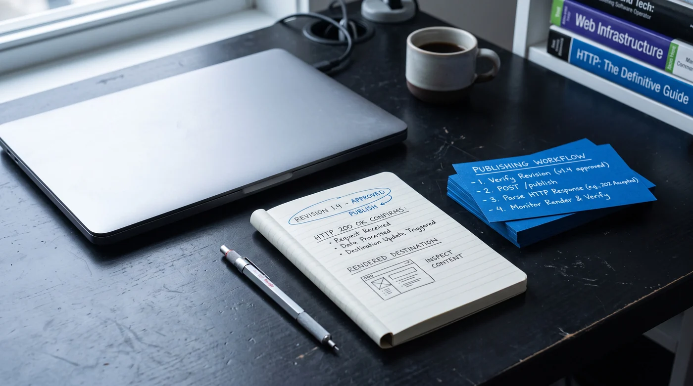 Publishing systems A notebook and workflow notes beside a laptop and coffee mug.