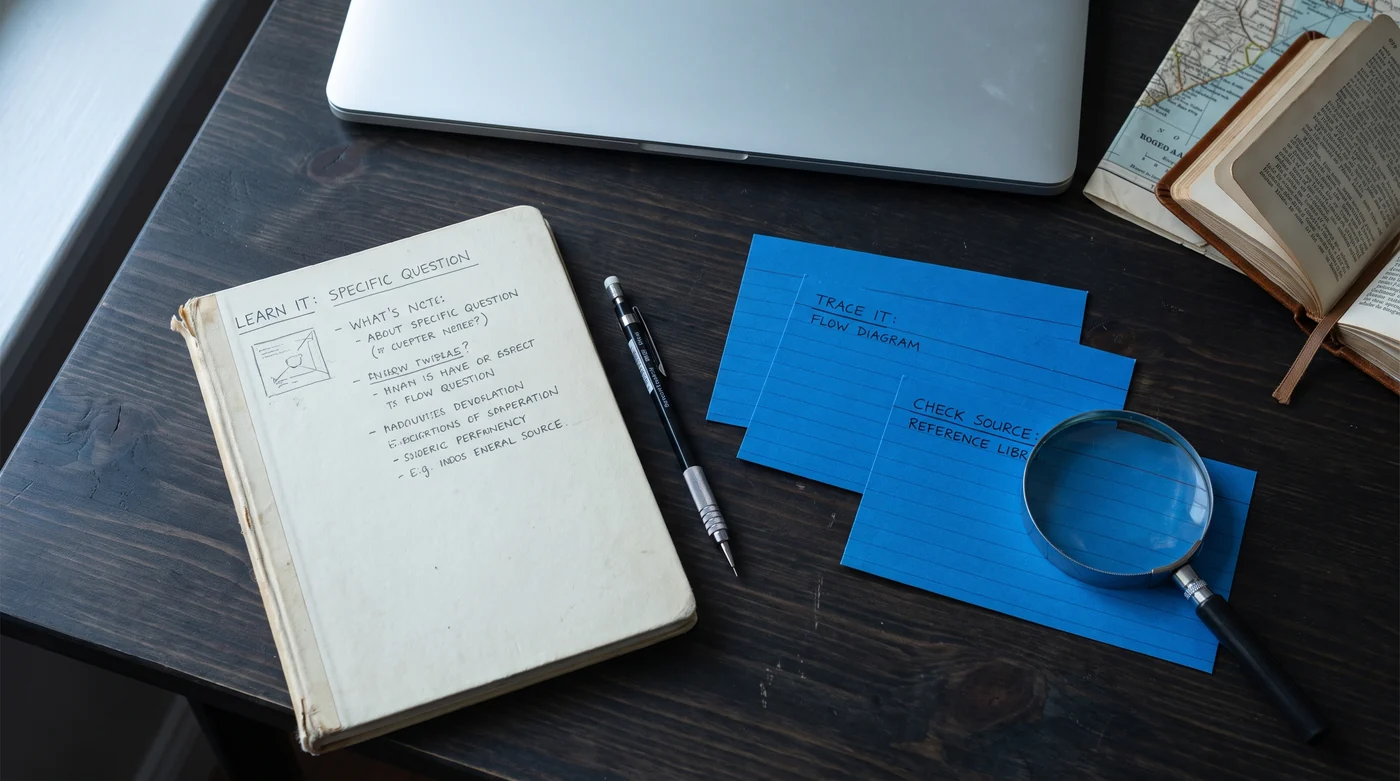 Learn it. Trace it. Check the source. Books, a magnifying glass and source notes on a dark desk.