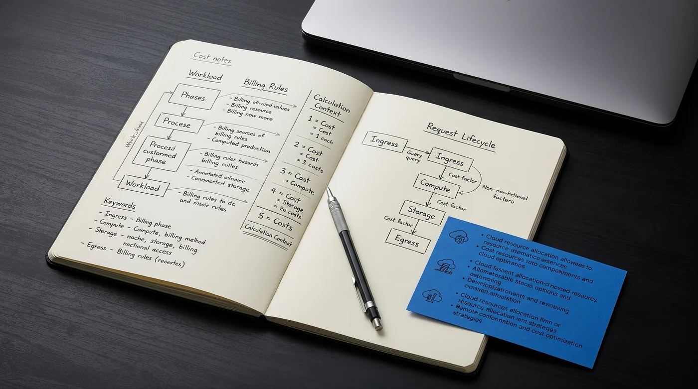 Workflow cost planner A workflow diagram and cost table drawn in a notebook.